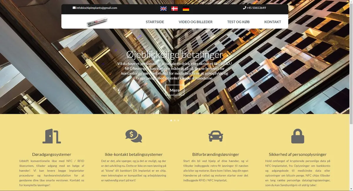 Biochip website for payment and NFC systems with feature icons
