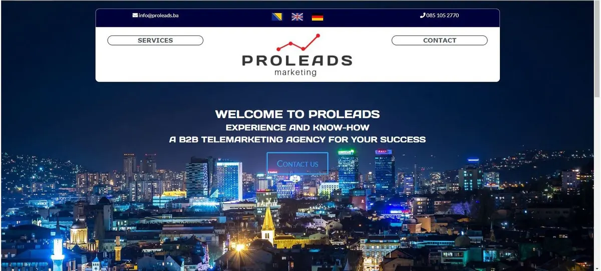 Proleads Marketing homepage with a night city hero