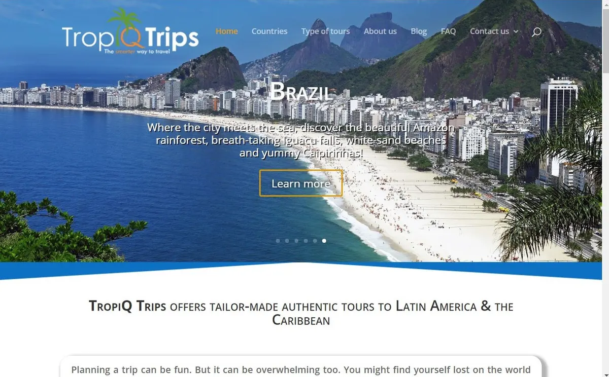 TropiQ Trips homepage with a tropical hero slider and a catalogue of Latin America tours with prices